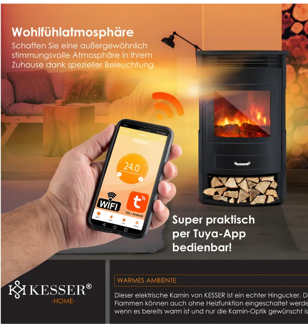 KESSER Elektrokamin mit Wlan Panorama ohne Fernbedienung